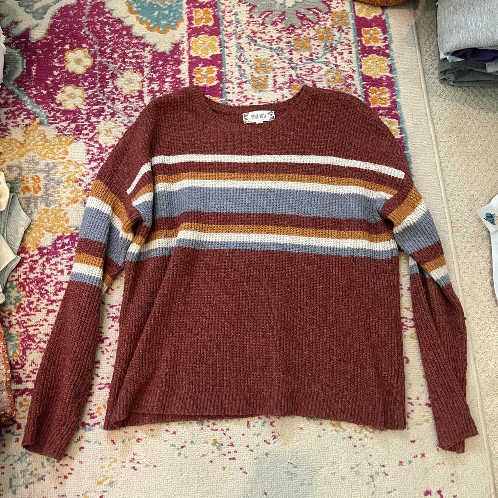 Pink Rose Crewneck Sweater Brown and Gray Striped Design